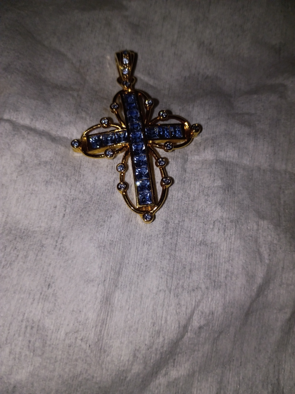 JBK Cross Jackie Kennedy Simulated Ceylon Blue Sapphire Yellow Gold Tone EUC OBO